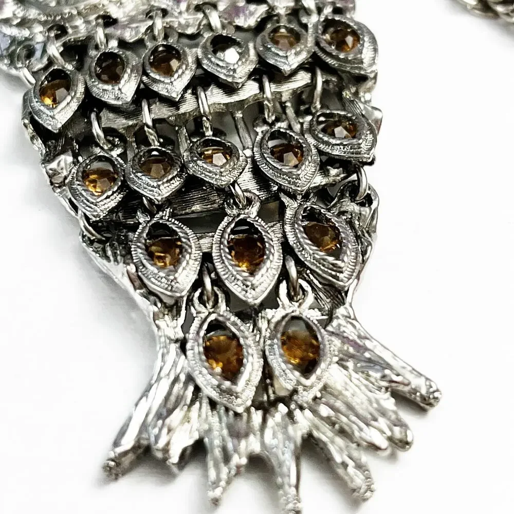 Vintage Articulated Owl with Moving Feathers & Amber Colored Stones